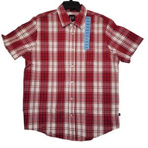 GAP Men's Red Plaid Short Sleeve Button-Up Cotton Poplin Shirt Size Large